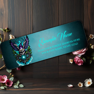 Owl with magical elements. label