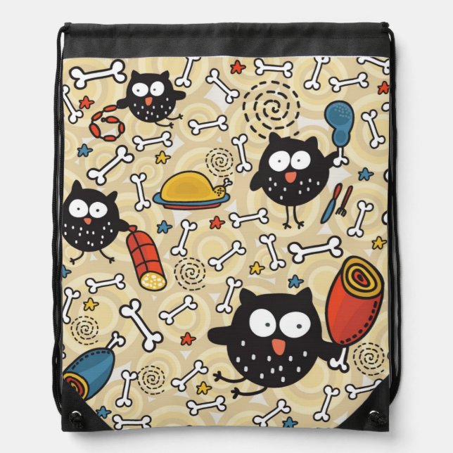 Owl with Meat Pattern Drawstring Bag (Front)