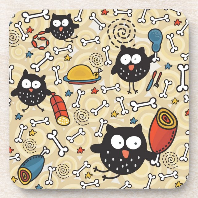 Owl with Meat Pattern Drink Coaster (Front)