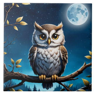owl with moon background ceramic tile
