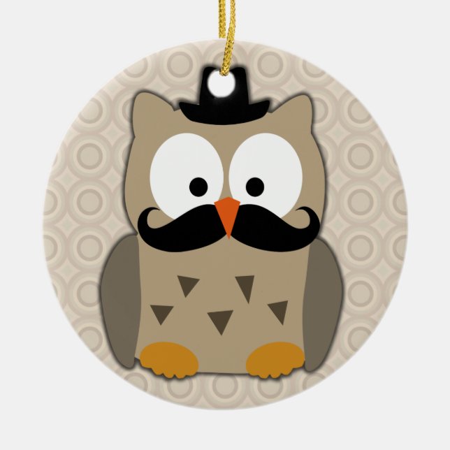 Owl with Mustache and Hat Ceramic Ornament (Front)
