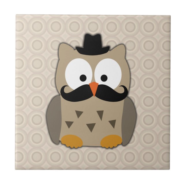 Owl with Mustache and Hat Ceramic Tile (Front)