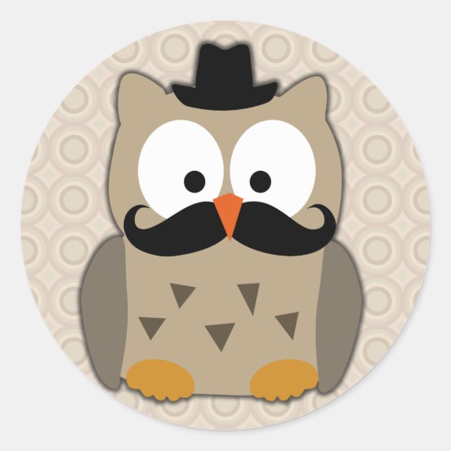 Owl with Mustache and Hat Classic Round Sticker (Front)