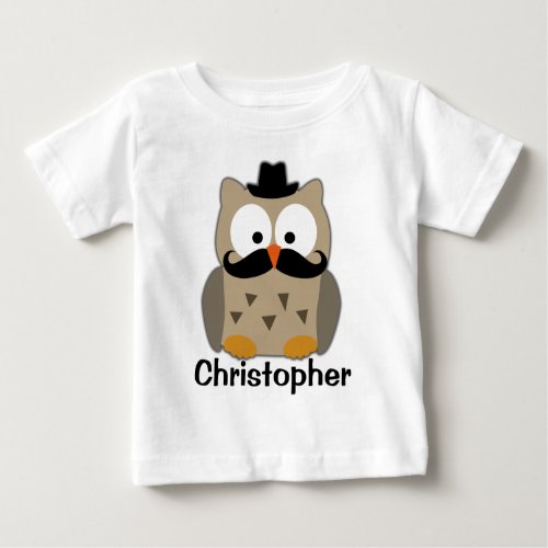 Owl with Mustache and Hat Personalized Baby Boys Baby T_Shirt
