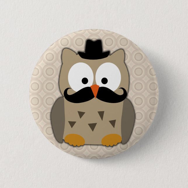 Owl with Mustache and Hat Pinback Button (Front)