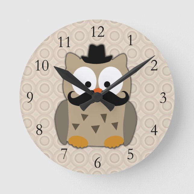 Owl with Mustache and Hat Round Clock (Front)