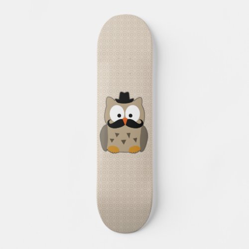 Owl with Mustache and Hat Skateboard Deck