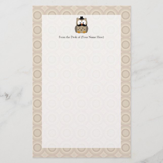 Owl with Mustache and Hat Stationery (Front)