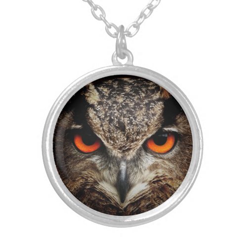 Owl with Orange Eyes Color Silver Plated Necklace