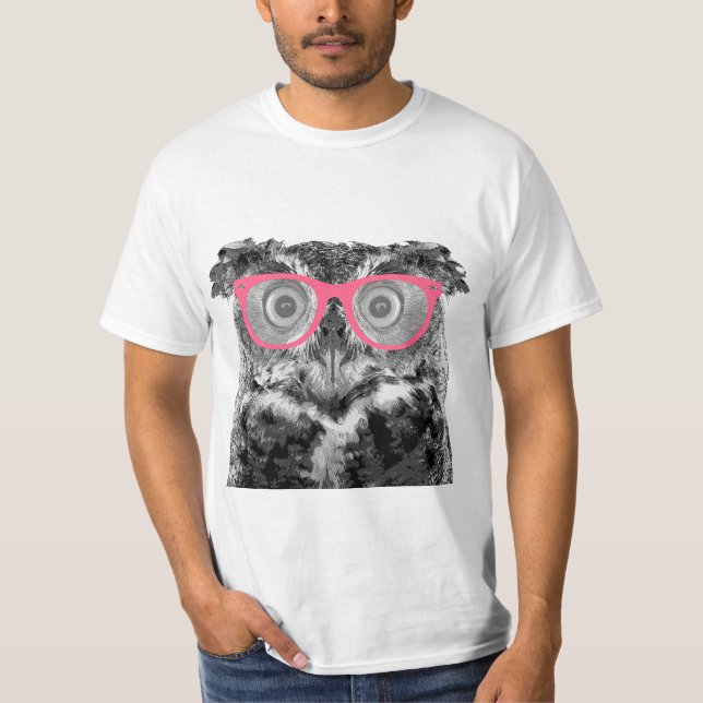 Owl with Pink Glasses Cute Funny T-shirt (Front)