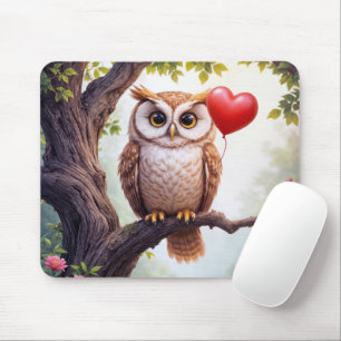 Owl With Red Heart Balloon Mouse Pad