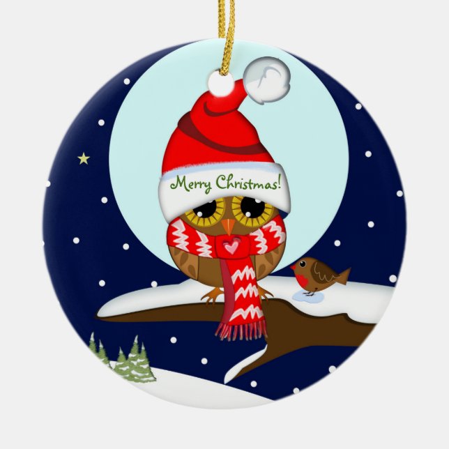 Owl with Santa hat & custom text Ceramic Ornament (Front)