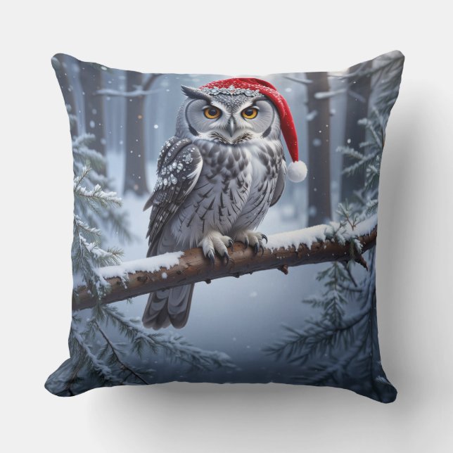 Owl with Santa Hat Throw Pillow (Front)
