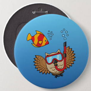 Owl with Snorkel Mask and Tropical Fish Button