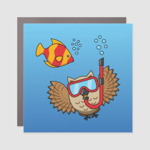 Owl with Snorkel Mask and Tropical Fish Car Magnet