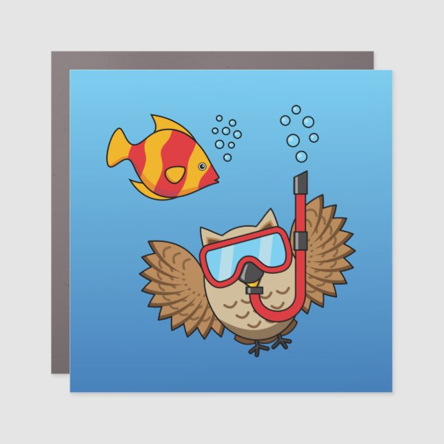 Owl with Snorkel Mask and Tropical Fish Car Magnet (Front)