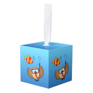 Owl with Snorkel Mask and Tropical Fish Cube Ornament