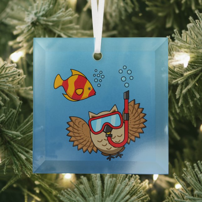 Owl with Snorkel Mask and Tropical Fish Glass Ornament (Insitu)