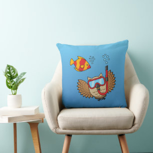 Owl with Snorkel Mask and Tropical Fish Throw Pillow