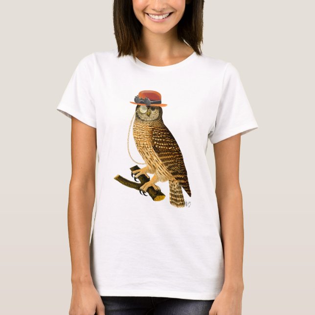 Owl with Steampunk Style Bowler Hat T-Shirt (Front)