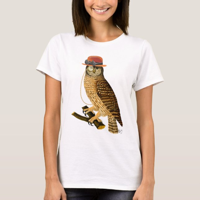 Owl with Steampunk Style Bowler Hat T-Shirt (Front)