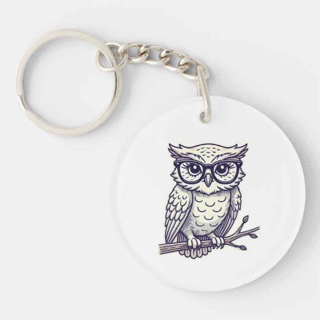 Owl with Tiny Reading Glasses on a Branch Keychain (Front)