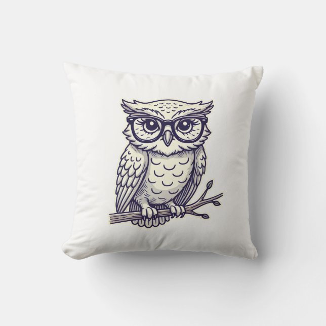 Owl with Tiny Reading Glasses on a Branch Throw Pillow (Front)