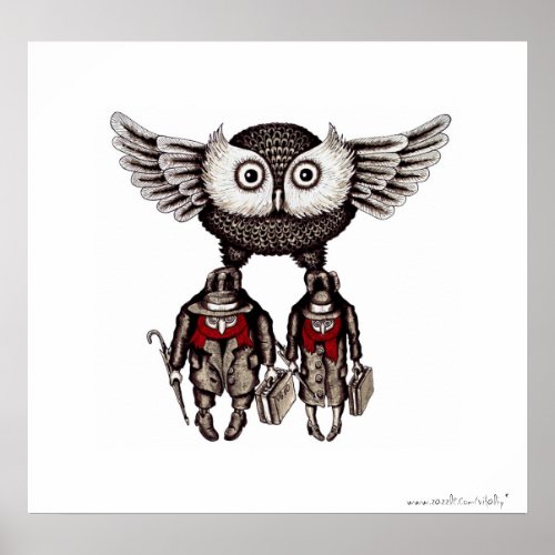 Owl with two people abstract graphic art poster