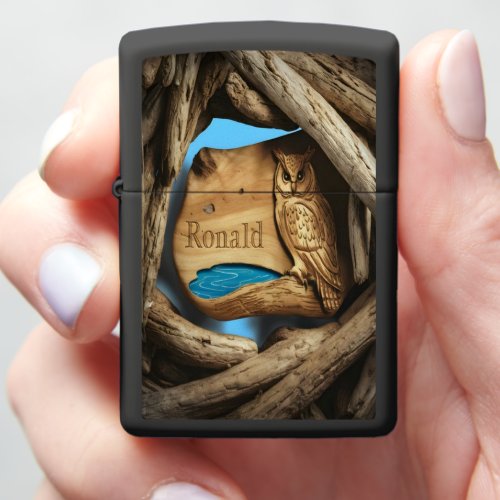 Owl Wood Carving With Ronald Name Zippo Lighter