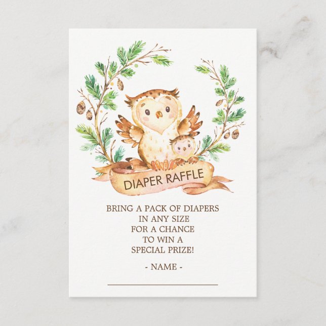 Owl Woodland Baby Shower Diaper Raffle Ticket Enclosure Card (Front)