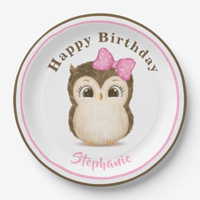 Owl Woodland Watercolor Pink Birthday Name Paper Plates (Front)