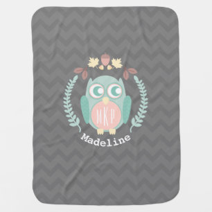Owl Wreath Chevron Monogram Baby Blanket - Girl