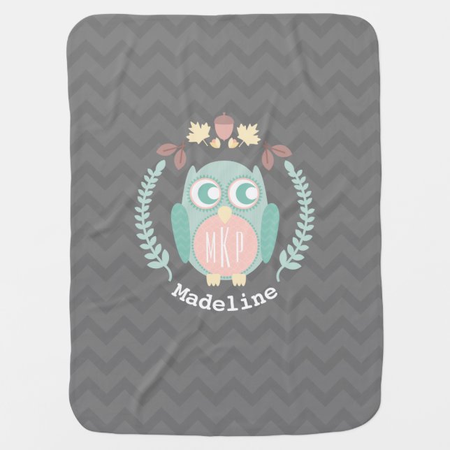 Owl Wreath Chevron Monogram Baby Blanket - Girl (Front)