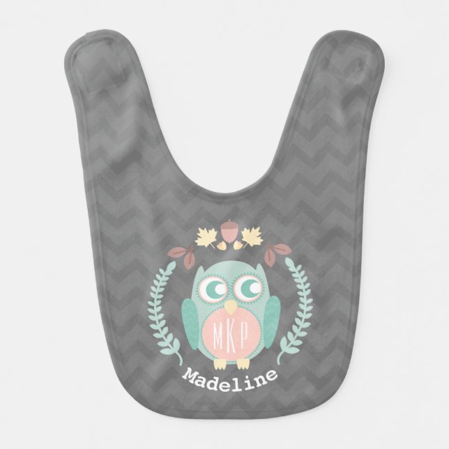 Owl Wreath Chevron Monogram Baby Girl Bib (Front)