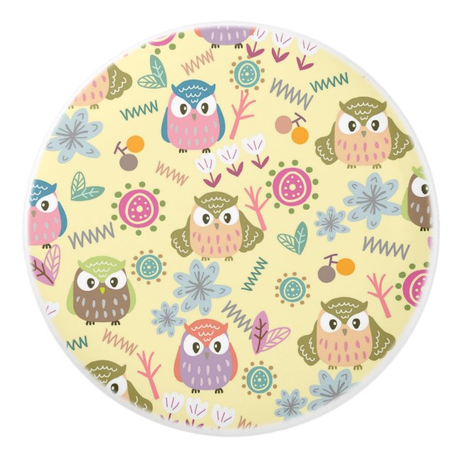 Owl Yellow Ceramic Knob (Front)