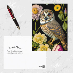 Owl Yellow Floral Artwork Thank You Postcard