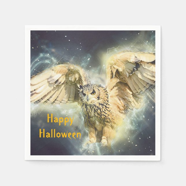Owl Yellow Wings Spread Graphic Halloween Napkins (Front)