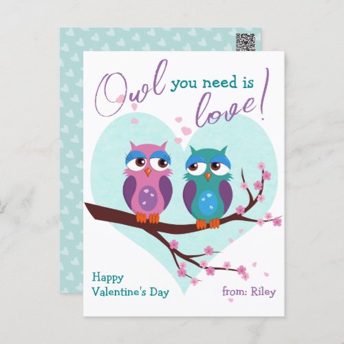Owl you need is love Cute Classroom Valentines Day Postcard