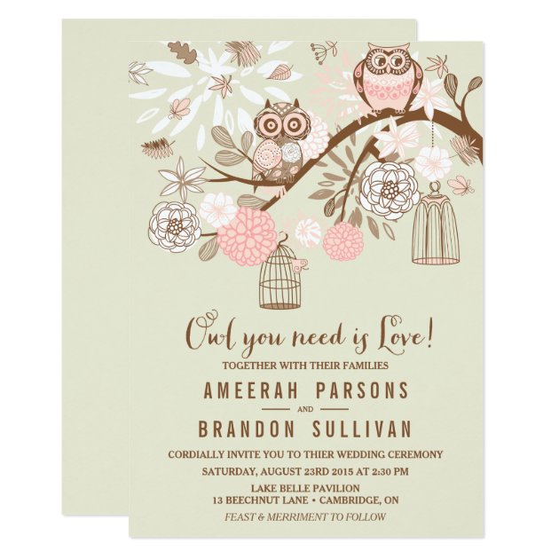 Owl You Need Is Love Pink Owls Wedding Invitation