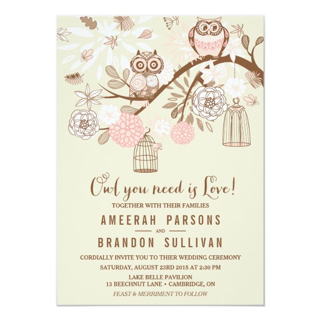 Owl You Need Is Love Pink Owls Wedding Invitation