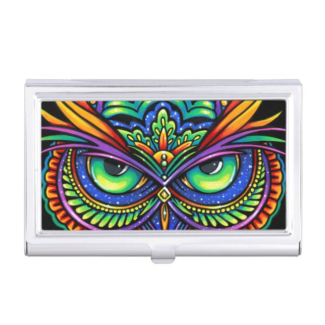 Owleister Psychedelic Rainbow Owl Trippy Hippie Business Card Case (Front)