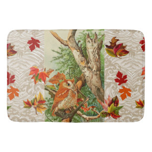 OWLS AMONG FALL LEAVES IN WOODLAND BATH MAT