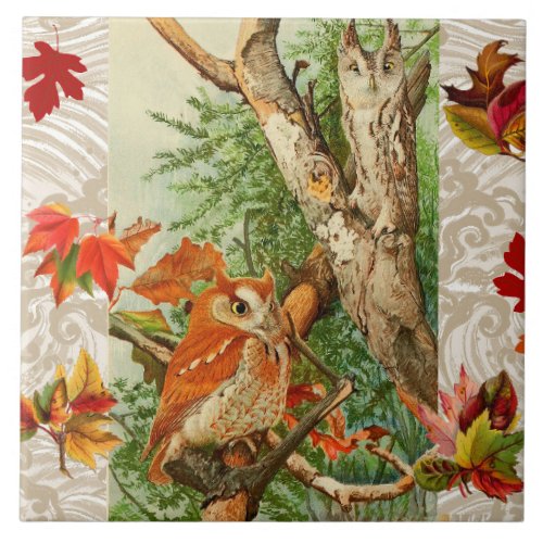 OWLS AMONG FALL LEAVES IN WOODLAND CERAMIC TILE