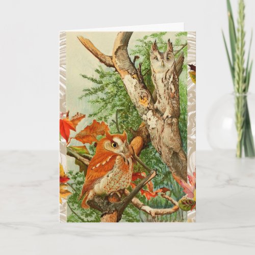 OWLS AMONG FALL LEAVES IN WOODLAND HOLIDAY CARD