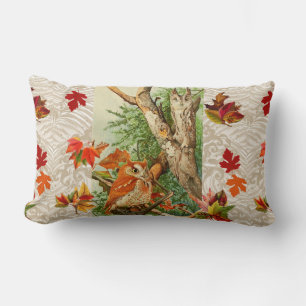 OWLS AMONG FALL LEAVES IN WOODLAND LUMBAR PILLOW