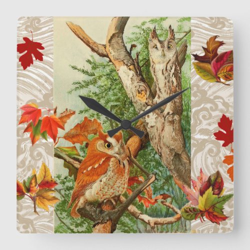OWLS AMONG FALL LEAVES IN WOODLAND SQUARE WALL CLOCK