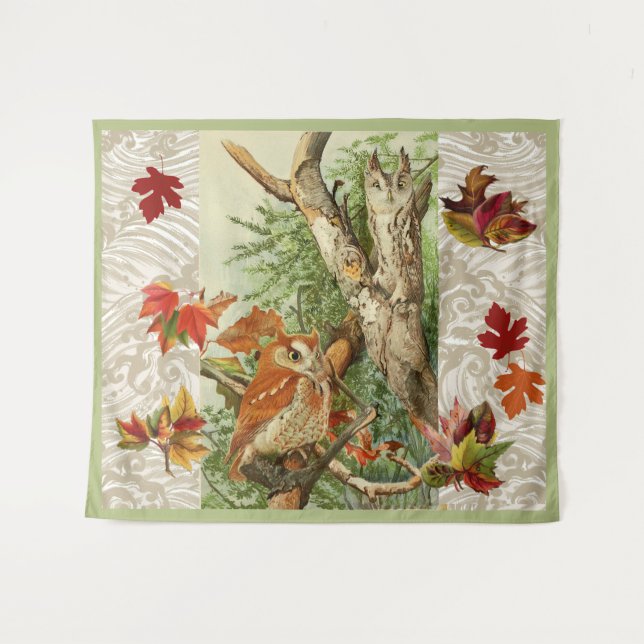 OWLS AMONG FALL LEAVES IN WOODLAND TAPESTRY (Front (Horizontal))