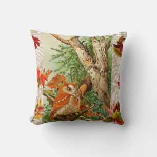 OWLS AMONG FALL LEAVES IN WOODLAND THROW PILLOW