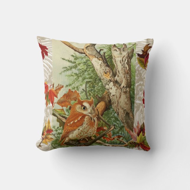 OWLS AMONG FALL LEAVES IN WOODLAND THROW PILLOW (Front)