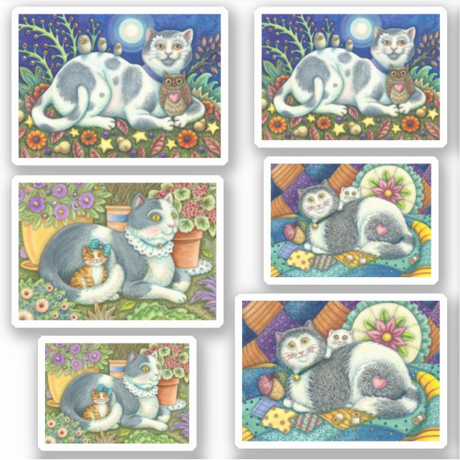 OWLS AND CATS, COUNTRY FOLK ART KITTEN STICKER (Front)